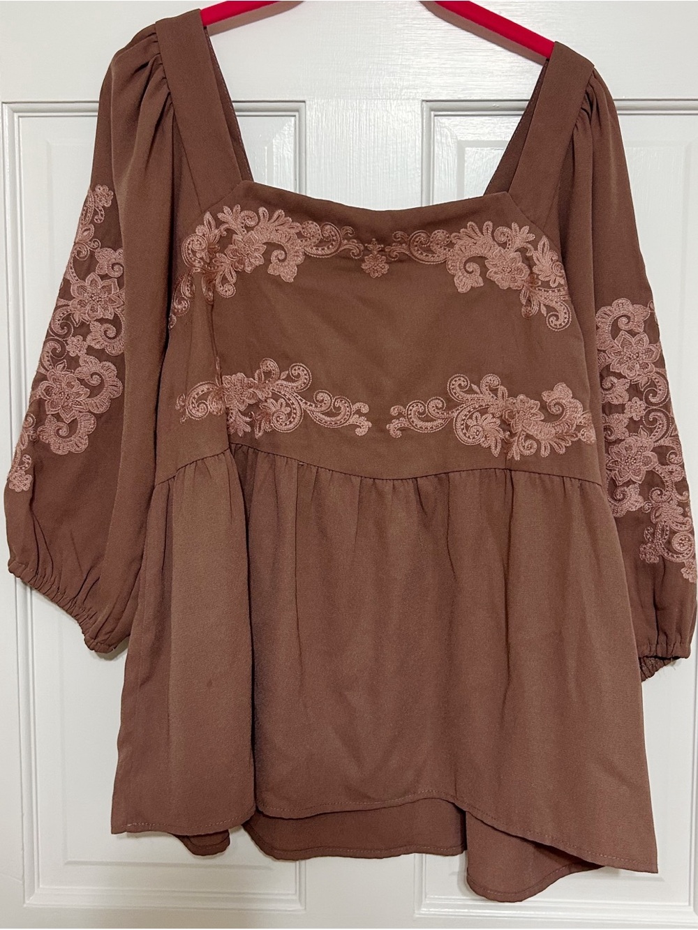 Embroidered Dust Pink/Mauve Square-Neck Puff Sleeve Blouse